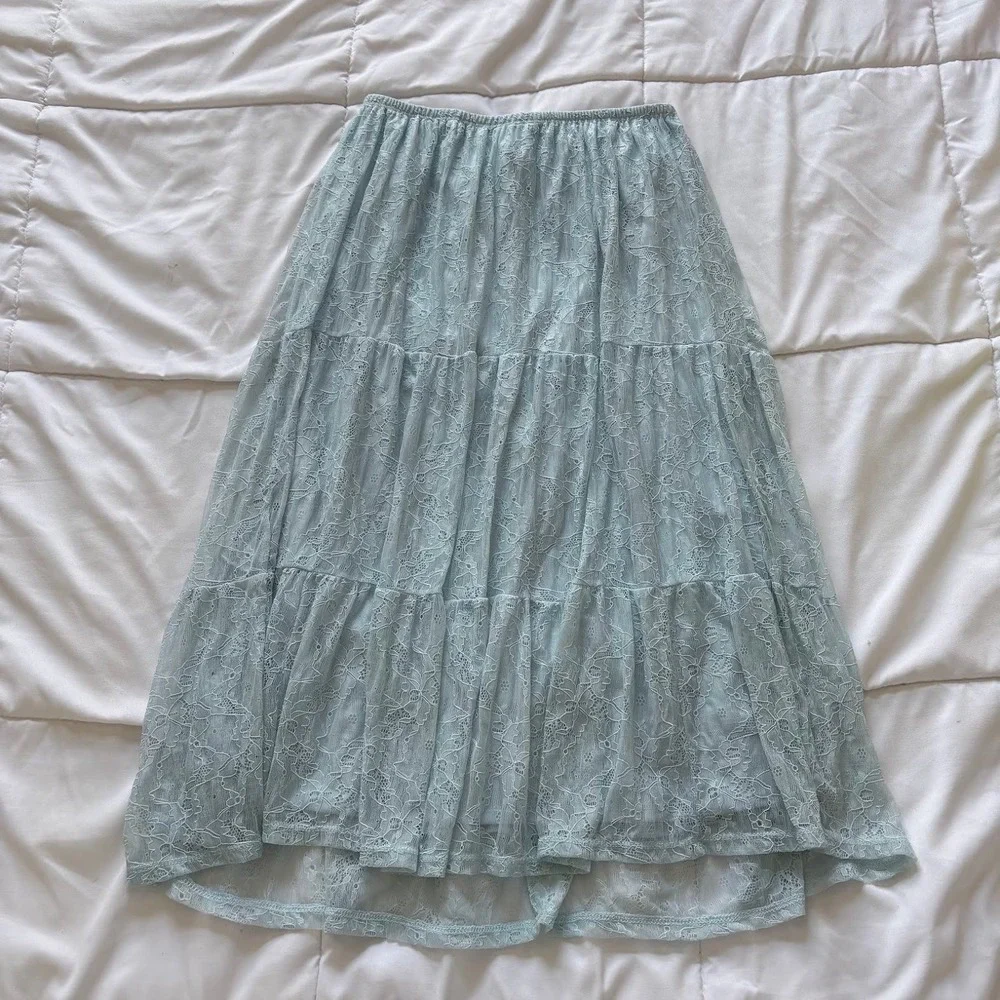 Light Blue Floral Lace Tiered Midi Skirt Boho Cottagecore Peasant Small